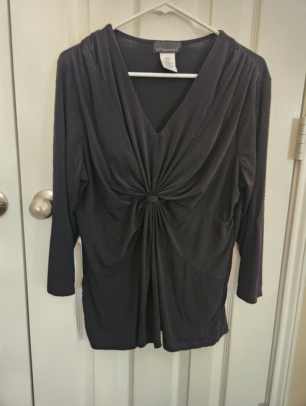 attention Black Twist-Knot V-Neck Long Sleeve Top